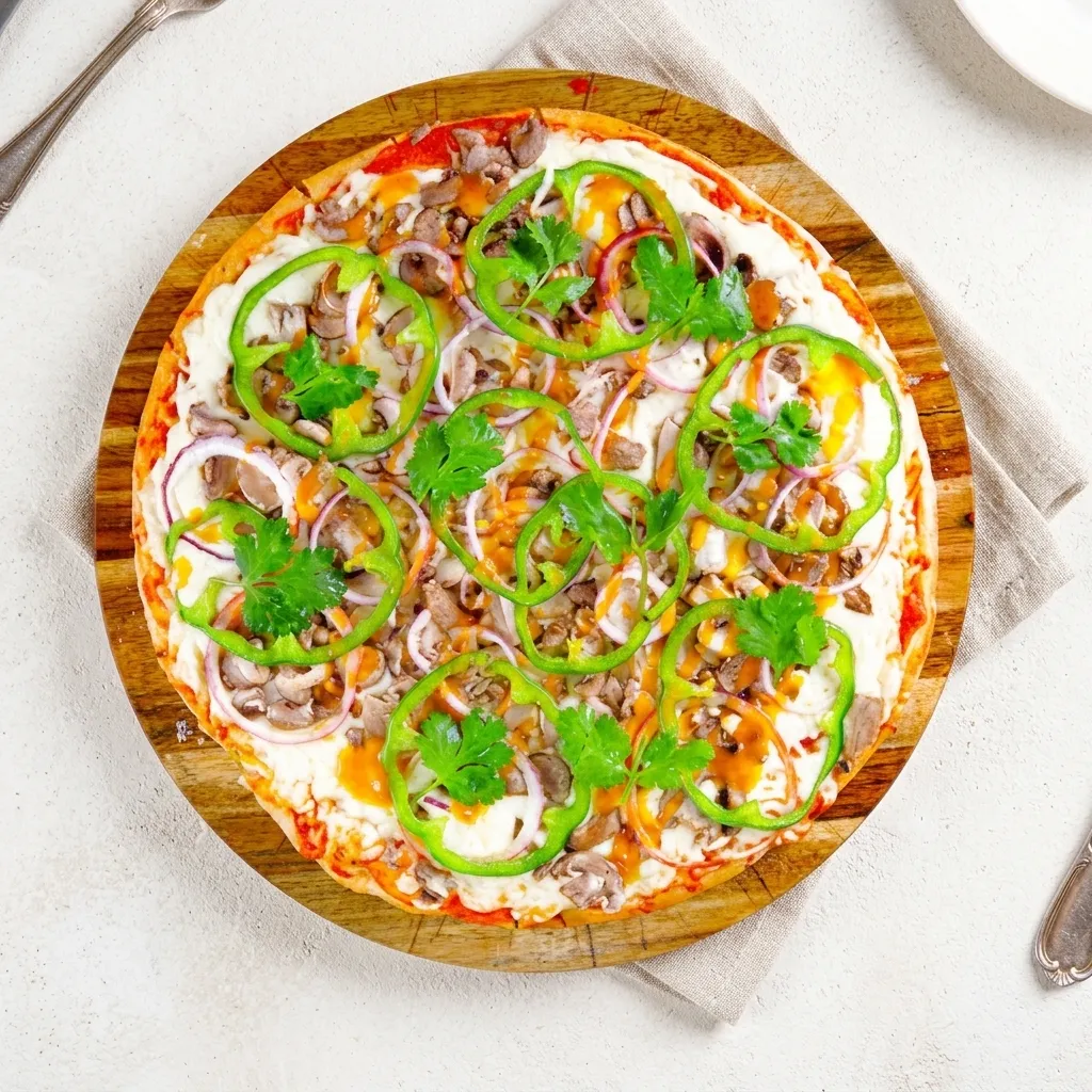 Guru Pizza — gluten-free butter chicken pizza with mozzarella mushrooms green peppers at Avatara Pizza Calgary