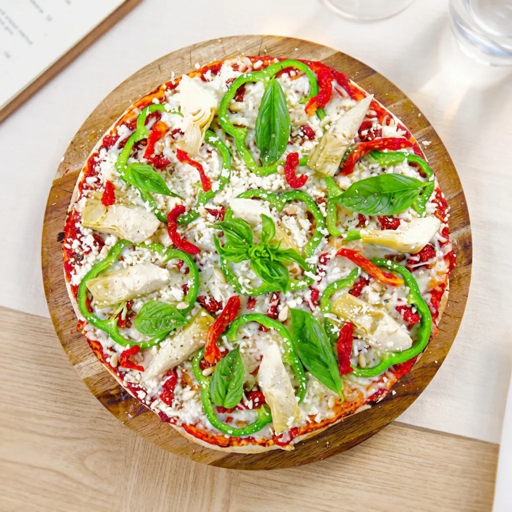 Picasso Pizza — gluten-free Mediterranean artisan pizza with pesto artichokes feta at Avatara Pizza Calgary