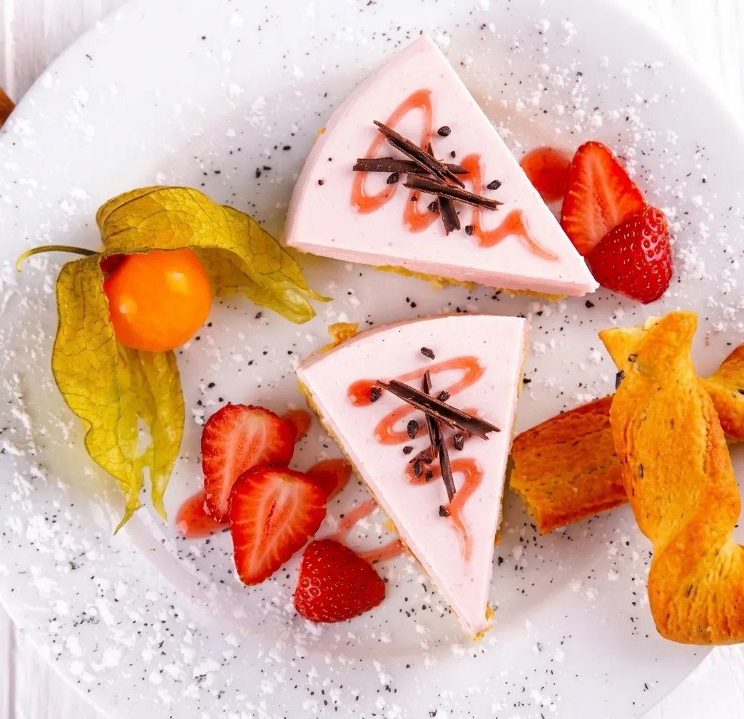 Strawberry Champagne Cheesecake — gluten-free handmade dessert at Avatara Pizza Calgary SW NW