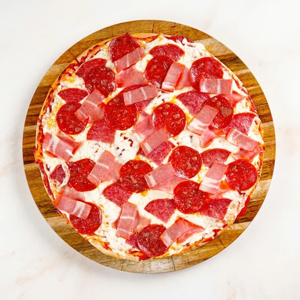 T-Rex Pizza — gluten-free meat lovers pizza with salami pepperoni ham bacon at Avatara Pizza Calgary NW SW